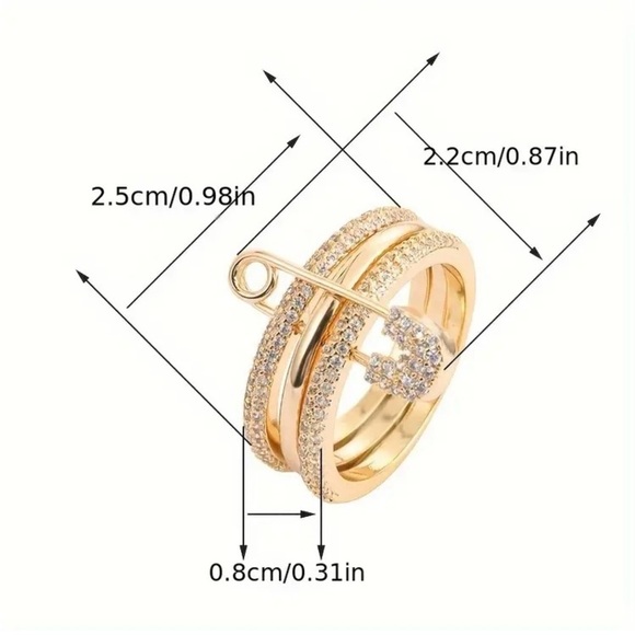 🆕 Cubic Zirconia Gold Silver & Rose Gold Tone Safety Pin Multi Layer Ring - Picture 3 of 7